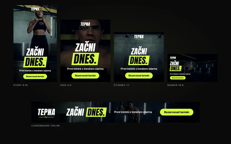 Koncept: posilovna TEPNA, kampaň v pěti formátech