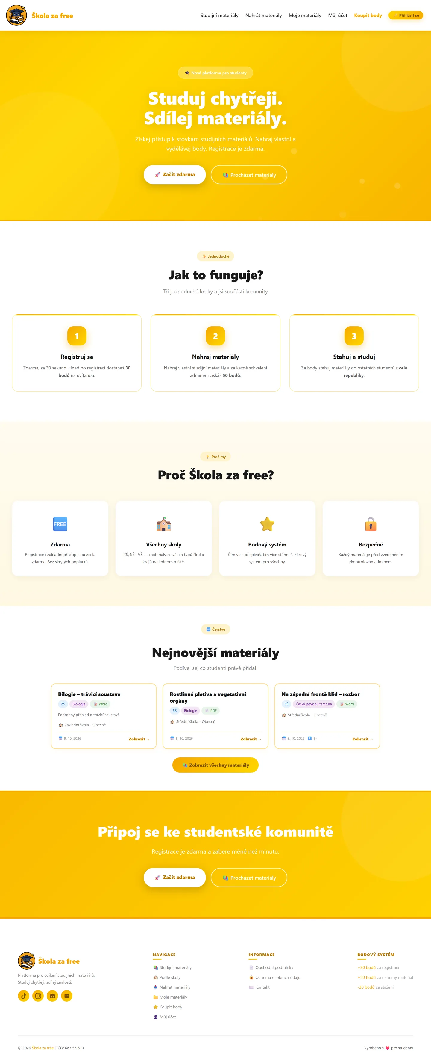 Úvodní stránka webu Škola za free, platformy pro sdílení studijních materiálů
